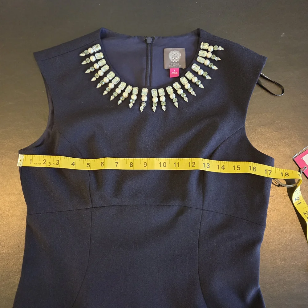 Vince Camuto NWT Navy Jewel Embellished Neckline Sheath Dress Size 8 - Picture 8 of 11